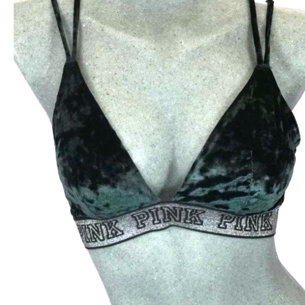 Victoria's Secret PINK Green Velvet Strappy Caged Bralette Silver Logo Band S
